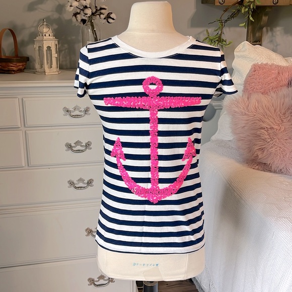 Cotton Short Sleeve Top Blue White Striped Pink Sequin Anchor Girls XL - Picture 2 of 6